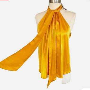 Zara PLEATED Satin Yellow-Gold Halter Neck Blouse size XS